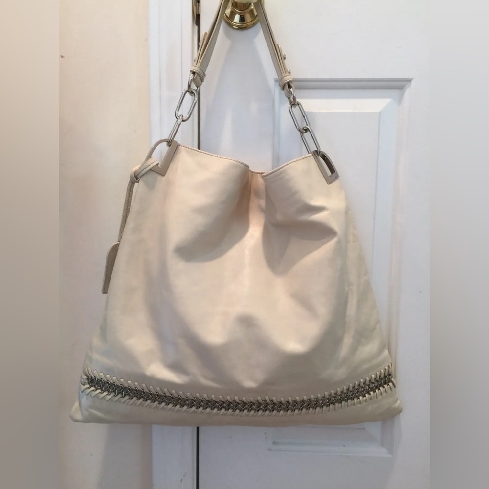 New BADGLEY MISCHKA Bone Ivory CHANTAL Leather Chain Link Shoulder Hobo Dust-Bag